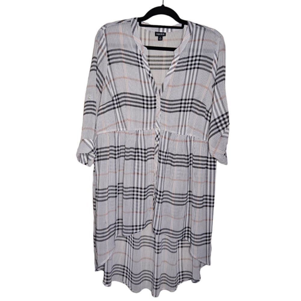 Torrid Plus Size Sheer, Y Neck, High/Low, Button down Plaid Flowy Top, Size 1